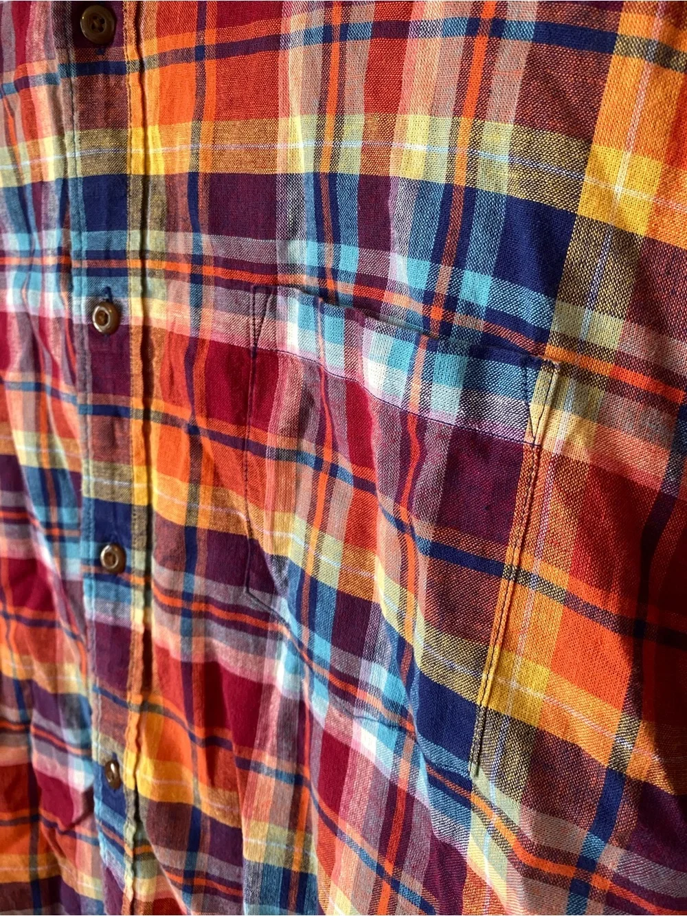 J Crew LINEN Slim Plaid Short Sleeve Button Collar Shirt Pockets  Mens XL